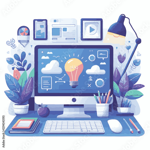 computer, technology, digital, business, communication, laptop, tech, device, design, pc, work, internet, office, web, desktop, monitor, employee, information, modern, data, electronic, vector, backgr
