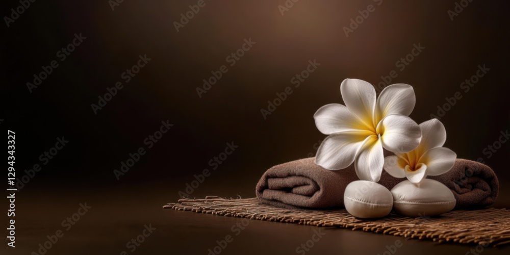 Fototapeta premium Towels and frangipani blossom in spa, massage procedure, brown background.