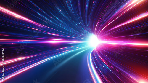 Light speed space warp effect, light trails on the road colorful burst explosion beam. Creative cosmic radial beams. Cosmic light explosion effect of traveling at high speed, speed motion blur