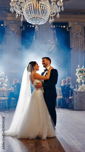 4K Happy Newlywed Couple Dancing at Wedding Reception Under Romantic Lights