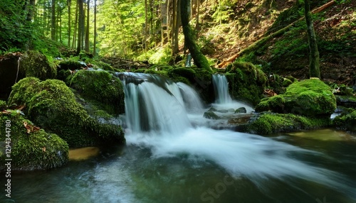small forest waterfall in the south of poland