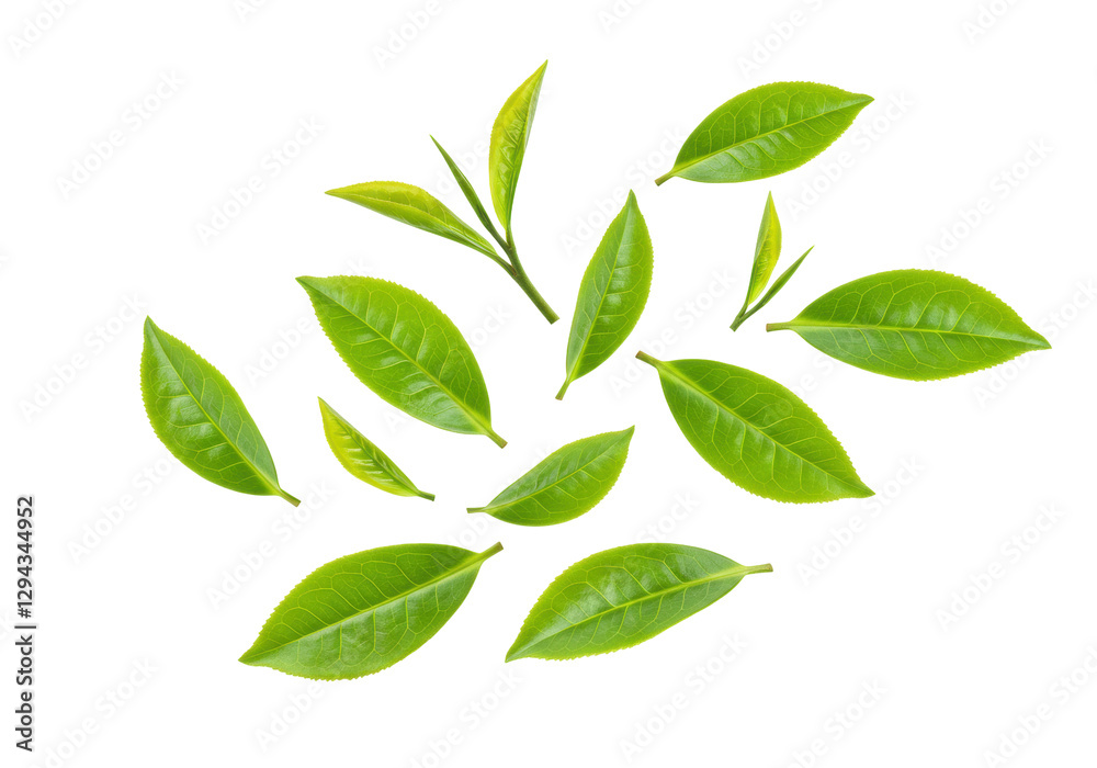Isolated Scattered Fresh Green Tea Leaves Arrangement Isolated Scattered Fresh Green Tea Leaves Arrangement