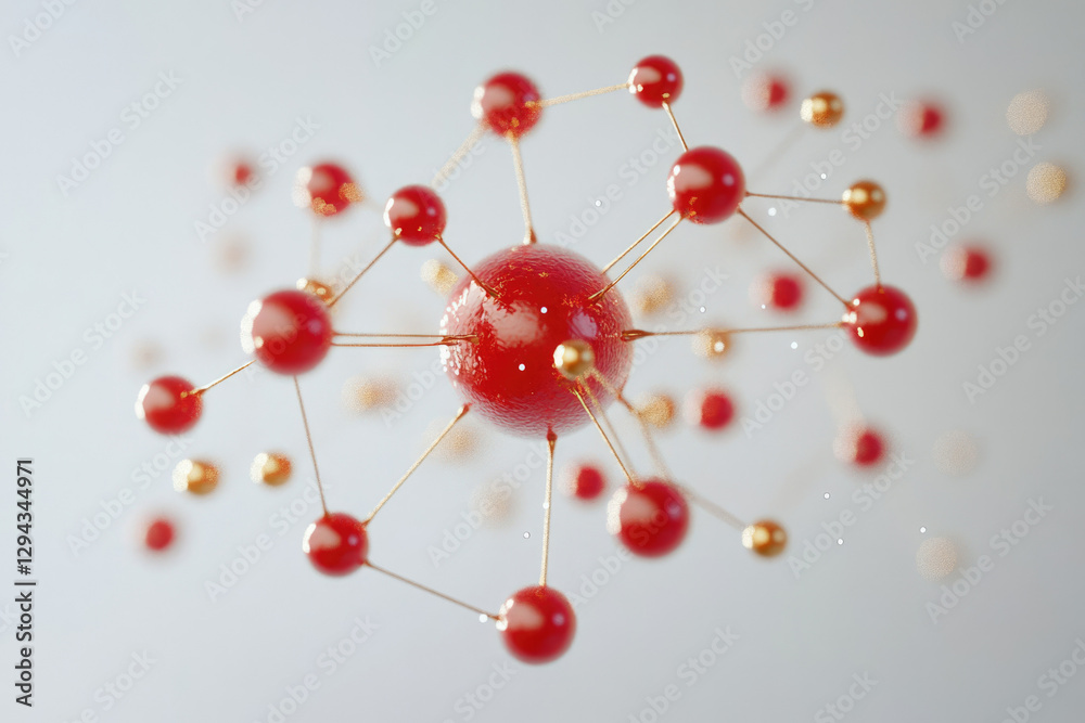 Obraz premium Abstract 3D rendering of a molecule or network, with red and gold spheres connected by thin rods.