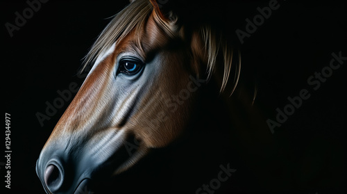 Beautiful horse with blue eyes. Buckskin brown equine portrait