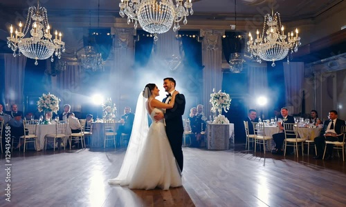 4K Happy Newlywed Couple Dancing at Wedding Reception Under Romantic Lights