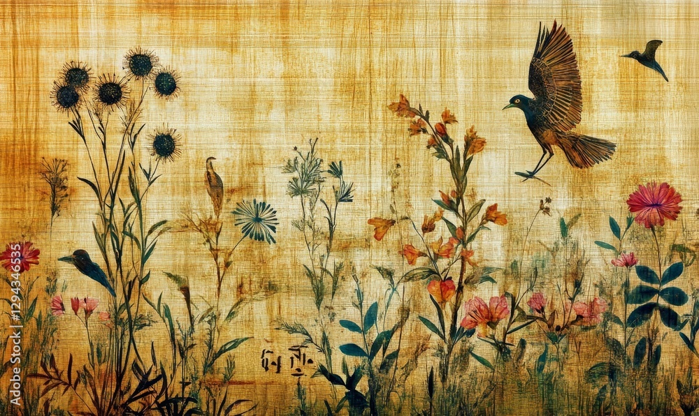 Naklejka premium Birds flower garden illustration old paper texture antique floral art.