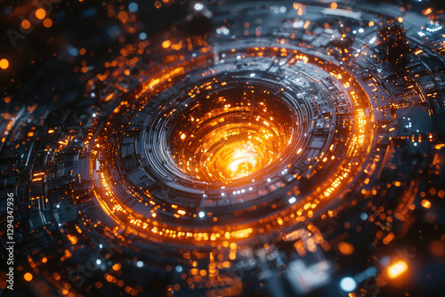 A mesmerizing digital artwork depicting a futuristic, glowing, circular technological structure with intricate details.