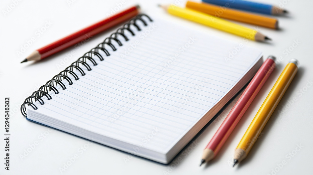 Spiral notebook with lined pages surrounded by colorful pencils Spiral notebook with lined pages surrounded by colorful pencils