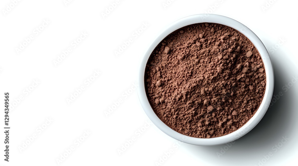 Ground cocoa powder in white ceramic bowl on white background, overhead view showing rich brown color and fine texture. Isolated with copy space. Ground cocoa powder in white ceramic bowl on white background, overhead view showing rich brown color and fine texture. Isolated with copy space.