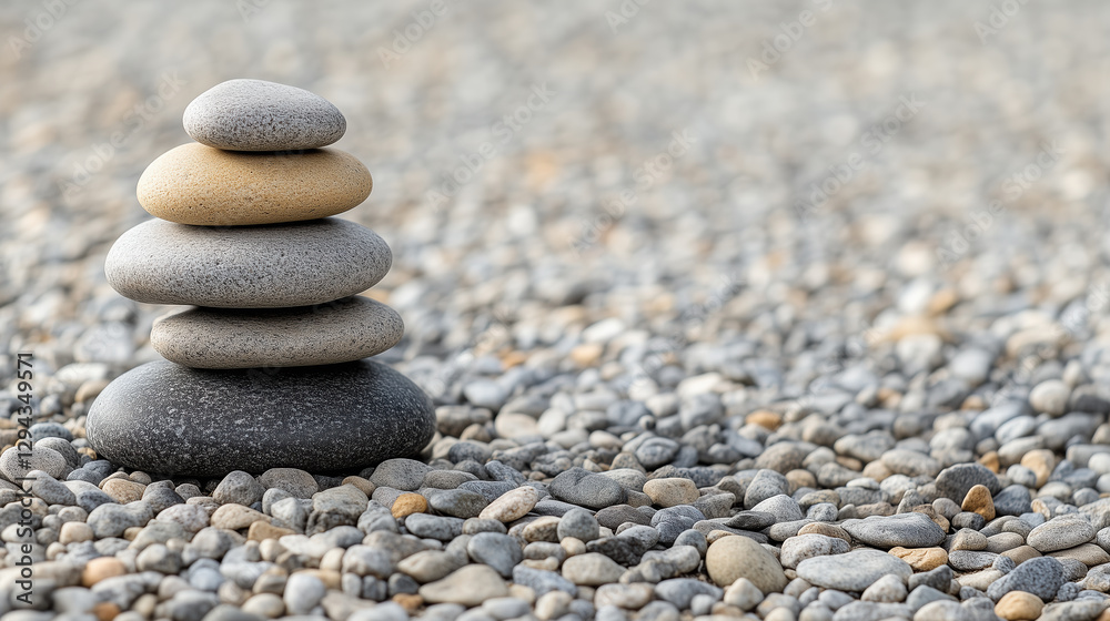 minimalistic Zen garden featuring stack of smooth stones, symbolizing tranquility and balance, surrounded by bed of pebbles minimalistic Zen garden featuring stack of smooth stones, symbolizing tranquility and balance, surrounded by bed of pebbles