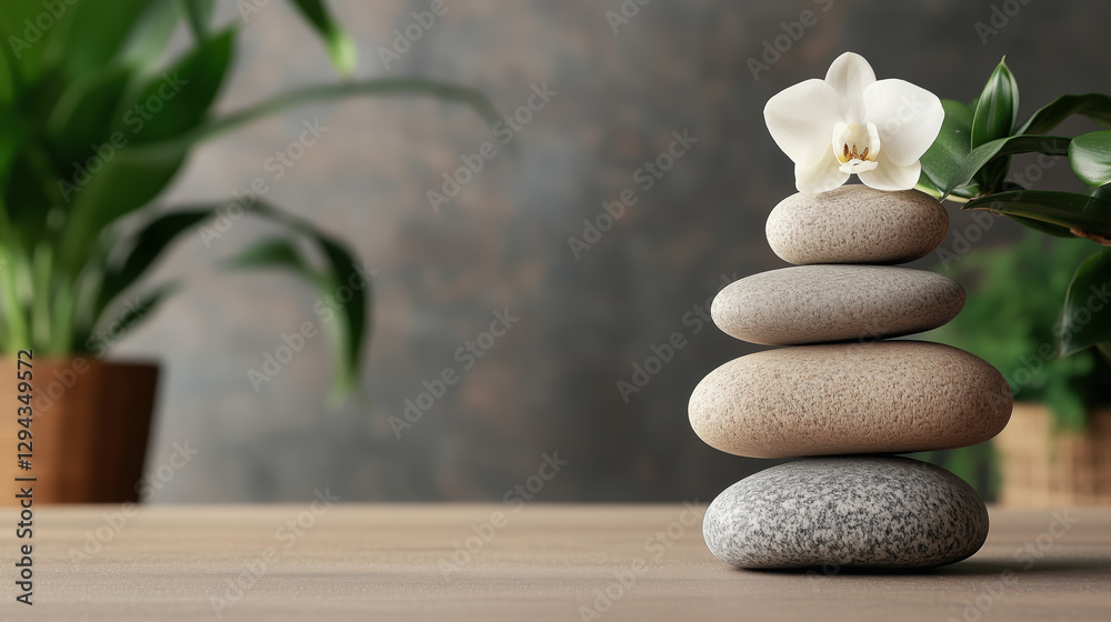 minimalistic Zen garden featuring smooth stones stacked with orchid flower, surrounded by lush green plants, creating serene and calming atmosphere