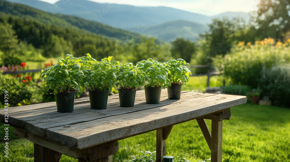 Naklejka premium Fresh herbs in pots on wooden table, surrounded by lush garden and mountains. scene captures beauty of nature and benefits of plant based diet