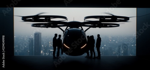 Wallpaper Mural Futuristic air taxi with passengers in city backdrop. Torontodigital.ca