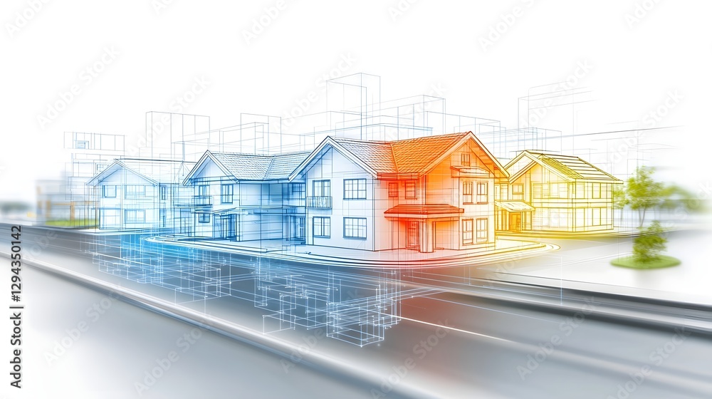 Vibrant and colorful architectural 3D model rendering showcasing the details and facades of modern residential buildings with a double exposure silhouette effect and ample copy space for design or