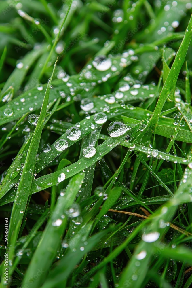 Naklejka premium A detailed macro shot of dewdrops on green grass blades, reflecting the soft morning light, capturing the delicate beauty of nature's quiet moments. 