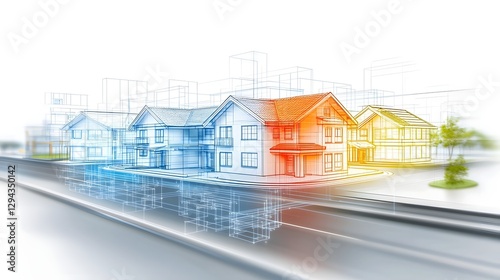 Obraz na płótnie Vibrant and colorful architectural 3D model rendering showcasing the details and facades of modern residential buildings with a double exposure silhouette effect and ample copy space for design or w salonie