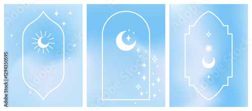 Ramadan Kareem light blue pastel colored vertical vector banner. Modern Islamic gradient template design for abstract background, poster, banner, social post. Blurry sky with Islamic windows, arches