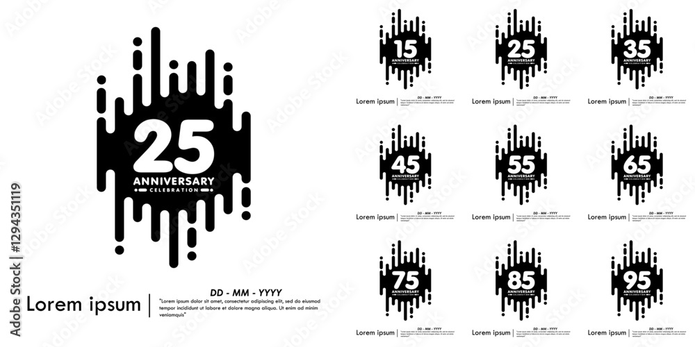 Fototapeta premium Set of 15-95th years anniversary celebration emblem. black anniversary logo isolated with vertical rounded lines geometric shape on white background. vector illustration template design