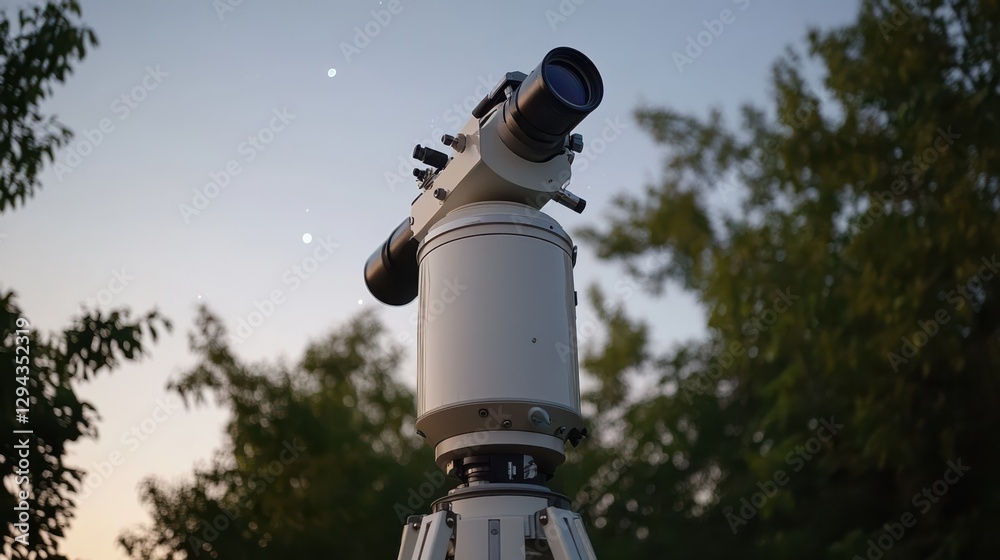 A telescope stands poised under a twilight sky, ready to explore the star-filled expanse of the universe. A telescope stands poised under a twilight sky, ready to explore the star-filled expanse of the universe.