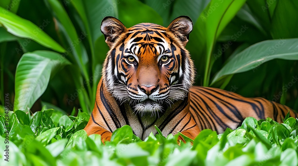 Obraz premium Majestic Tiger Stalking Jungle Foliage