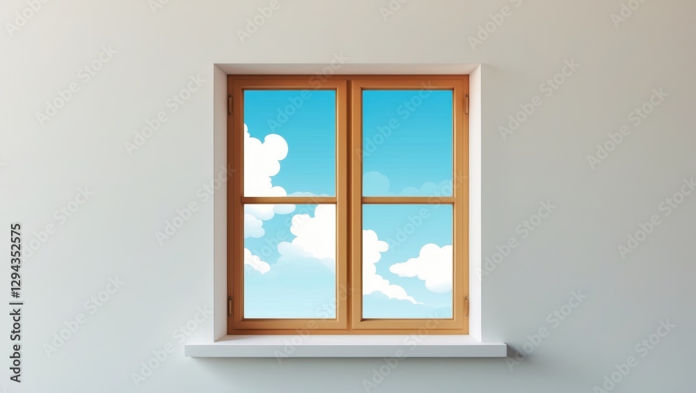 Fototapeta premium A serene view from a window featuring a clear blue sky with white clouds gently floating, framed by a warm wooden window
