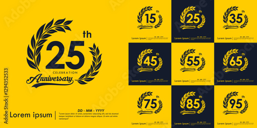 Set of 15-95th anniversary celebration emblem. anniversary logo isolated with laurel wreath and ribbon on yellow background. vector illustration template design for web, flyers, poster, greeting card