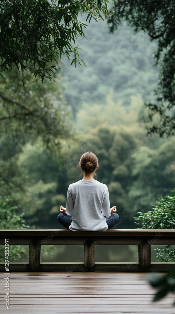 Fototapeta premium serene meditation scene featuring person sitting peacefully on wooden platform surrounded by lush greenery and tranquil body of water. atmosphere evokes calmness and mindfulness