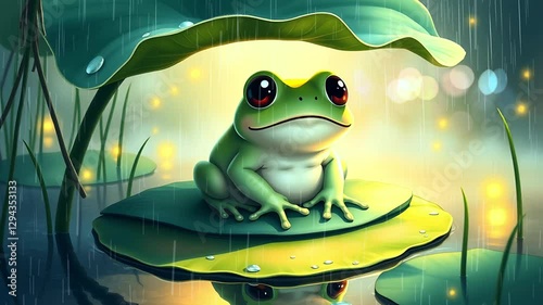 Cute Frog Under Lily Pad in Rain ,
lofi anime aesthetic backgrounds , looping seamless time-lapse