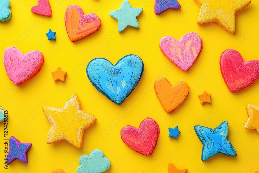 Obraz premium Colorful hand-painted hearts and stars on a vibrant yellow background, creating a cheerful and playful design.