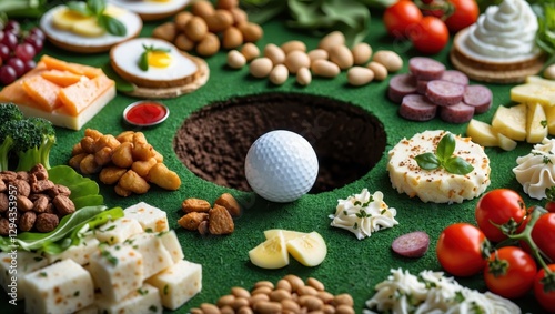 A creative food display resembling a golf course with a golf ball in a hole, surrounded by a variety of snacks including cheese, fruits, and