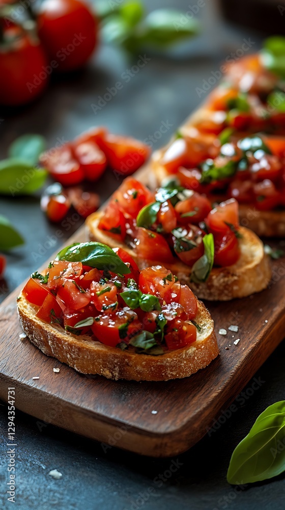 Freshly prepared bruschetta topped with tomatoes basil and olive oil Freshly prepared bruschetta topped with tomatoes basil and olive oil