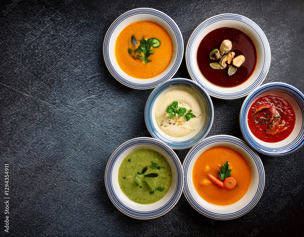 Selection of Delicious Homemade Soups – Overhead View Table Scene on a Dark Slate Banner Background – Warm and Cozy Food Concept Selection of Delicious Homemade Soups – Overhead View Table Scene on a Dark Slate Banner Background – Warm and Cozy Food Concept