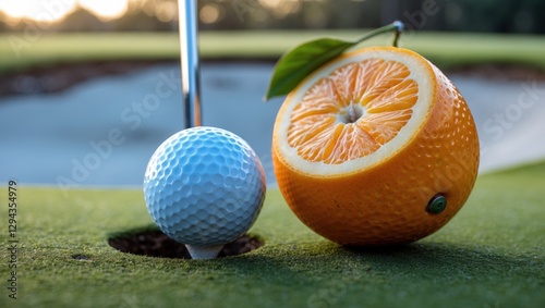 A golf ball next to a freshly cut orange slice on a green golf course with a hole in the background, creating a surreal and playful atmosphere photo