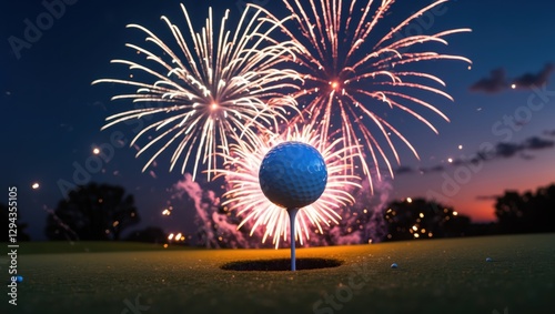 A golf ball placed in a hole on a vibrant green golf course, illuminated by colorful fireworks against a twilight sky
