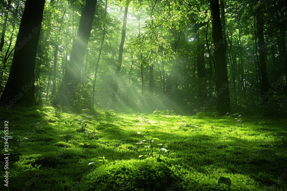 Obraz premium A lush green forest scene, where sunlight filters through the trees and illuminates the vibrant moss-covered ground, creating a peaceful and ethereal atmosphere. 