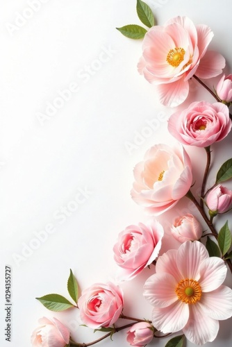 Delicate Pink Blossoms Arranged on a White Background, Perfect for Elegant Invitations or Greeting Cards