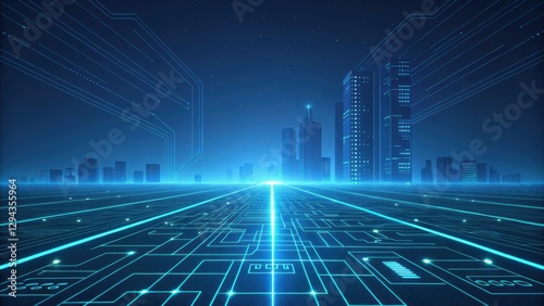 Futuristic smart city with glowing blue circuit lines, symbolizing digital infrastructure, AI, and technology innovation. Concept of cyber metropolis and smart connectivity