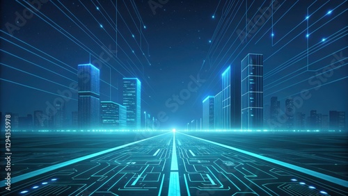 Futuristic smart city with glowing blue circuit lines, symbolizing digital infrastructure, AI, and technology innovation. Concept of cyber metropolis and smart connectivity