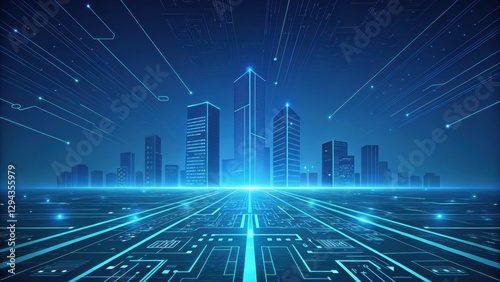 Futuristic smart city with glowing blue circuit lines, symbolizing digital infrastructure, AI, and technology innovation. Concept of cyber metropolis and smart connectivity