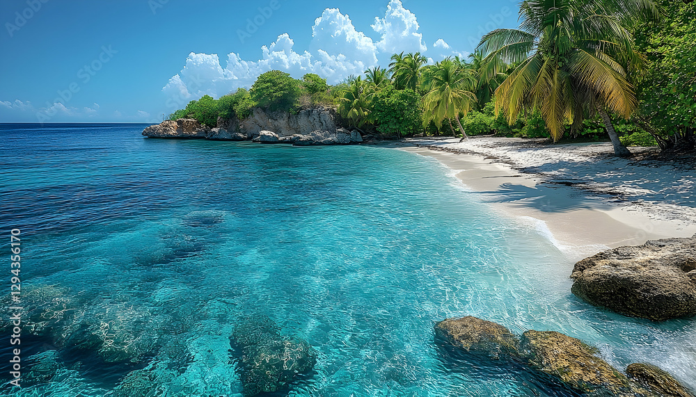 Fototapeta premium Breathtaking Tropical Beach Paradise with Turquoise Water and Lush Greenery