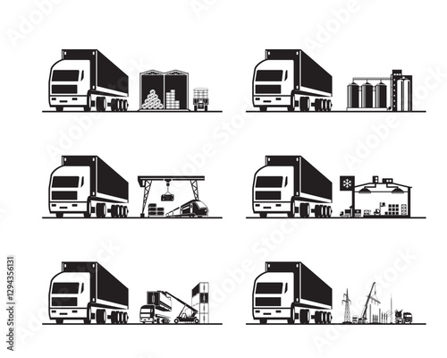 Trucks transport containers for various industries - vector illustration