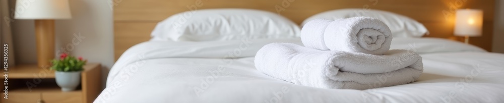 Crisp white towels neatly folded on hotel bed , linen, room, organized Crisp white towels neatly folded on hotel bed , linen, room, organized
