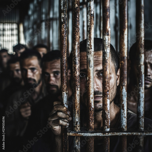 A desaturated photo of an overcrowded prison, men standing behind rusted bars, hopeless expressions, dramatic lighting, high-detail realism, strong commentary on mass incarceration. 