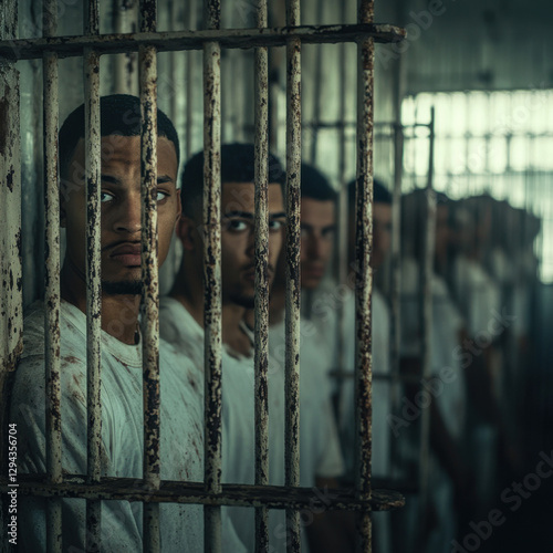 A desaturated photo of an overcrowded prison, men standing behind rusted bars, hopeless expressions, dramatic lighting, high-detail realism, strong commentary on mass incarceration. 