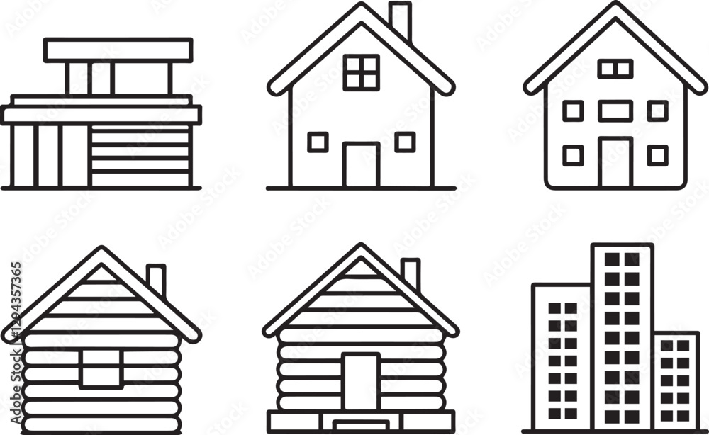 Simple Line Art Illustrations of Various House Styles Simple Line Art Illustrations of Various House Styles