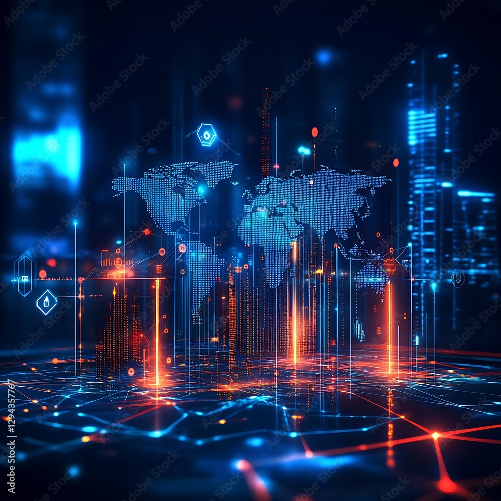 Geographic map displaying global network with abstract icons high resolution picture