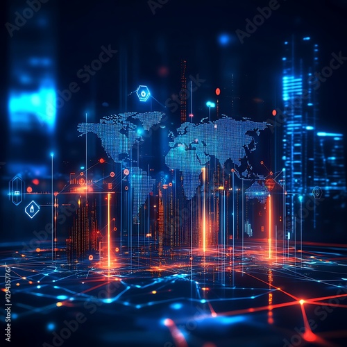 Obraz na płótnie Geographic map displaying global network with abstract icons high resolution picture w salonie