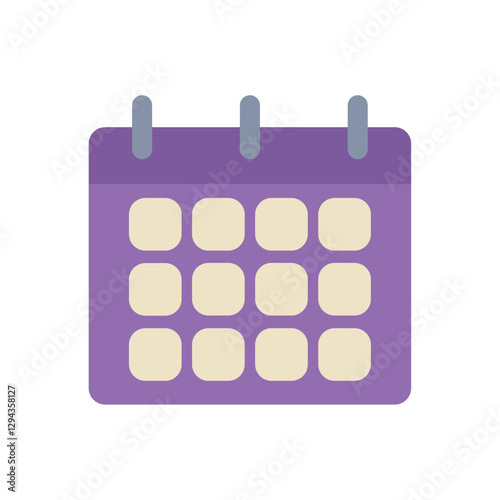 Flat vector illustration of a purple wall calendar with cream-colored date blocks and three hanging rings, representing schedule or planning tool