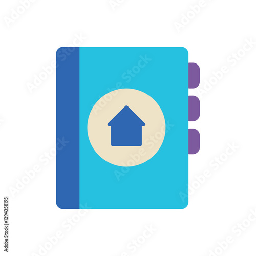 Flat vector illustration of a blue and turquoise address book with home icon and index tabs, representing contacts or personal directory