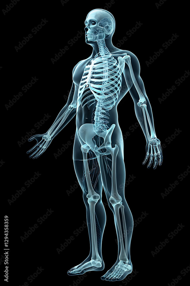 Realistic X-Ray Man Skeleton Scan, Man Skeleton X-Ray Image, Detailed Human Anatomy on Black Background. Realistic X-Ray Man Skeleton Scan, Man Skeleton X-Ray Image, Detailed Human Anatomy on Black Background.